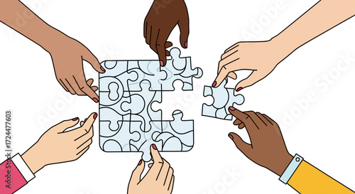 diverse hands assembling jigsaw puzzle symbolizing teamwork  collaboration in a cooperative environment perfect for illustrating unity  problem-solving