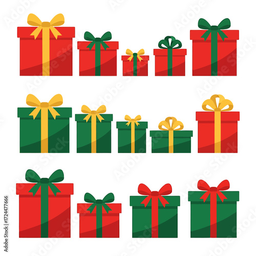 Collection of red and green Christmas gift boxes with festive ribbons and bows isolated set