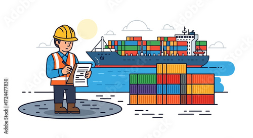 dock worker checking cargo manifest near a container ship at port ensuring efficient freight transport and global trade logistics ideal for supply chain visuals.