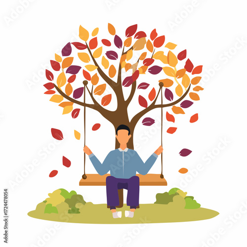 Vector illustration of a man relaxing on a tree swing during a beautiful autumn day. A tranquil concept of solitude and enjoying the fall season