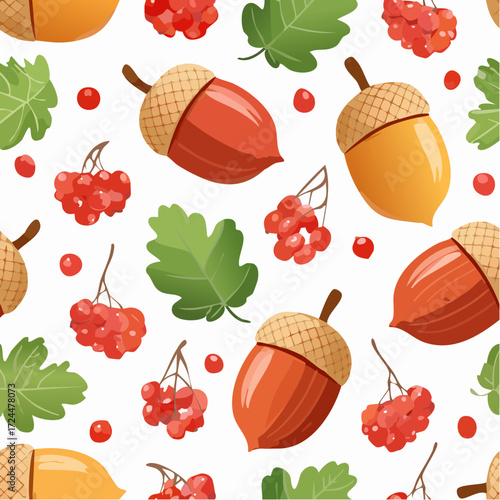 Vibrant autumn seamless pattern featuring cartoon acorns, green oak leaves, and ripe red rowan berries for seasonal design