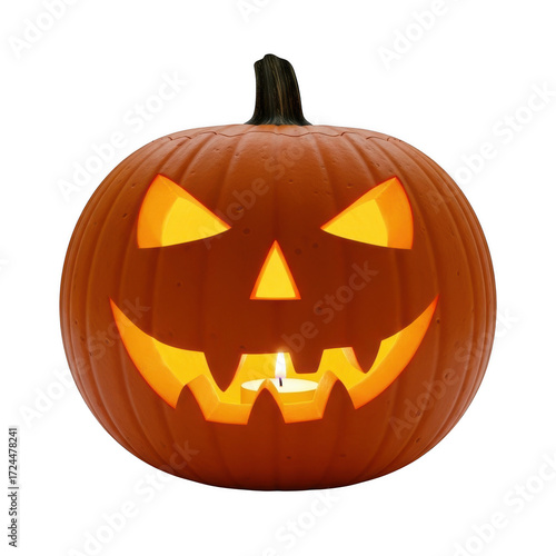 A classic spooky jack o lantern carved pumpkin glowing warmly isolated on transparent background