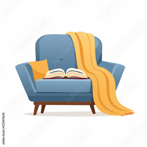Cozy armchair with a book and a warm blanket, perfect for a relaxing reading session at home