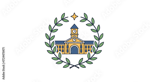 A stylized illustration of a government building, framed by a wreath, on a white background