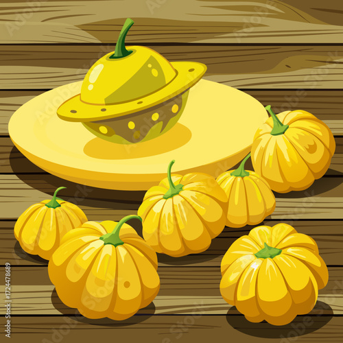 A collection of small, yellow pattypan squash with their distinctive scalloped, flying saucer shape, on a rustic wooden table. Summer squash, garden fresh, simple overhead shot.