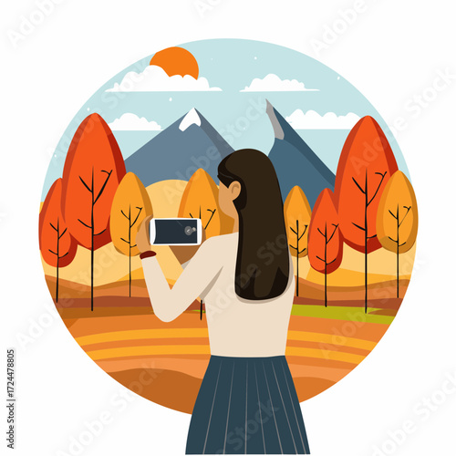 Capturing Autumn Beauty Woman photographs stunning mountain landscape with smartphone, documenting a serene outdoor experience amidst vibrant fall foliage