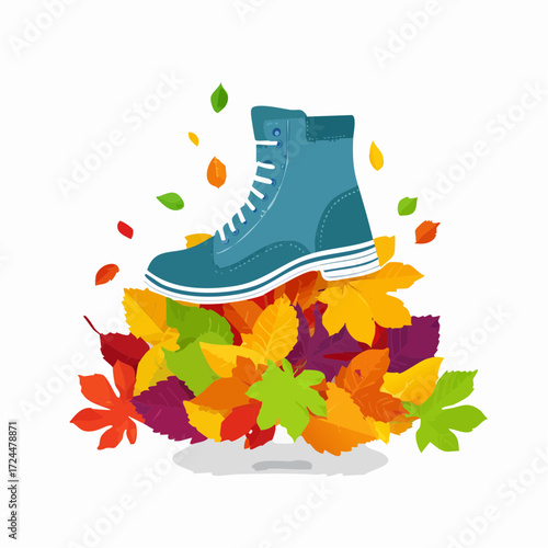 Vibrant illustration of a stylish blue boot resting on a colorful mound of fallen autumn leaves, symbolizing the essence of the fall season, outdoor comfort, and cozy fashion trends