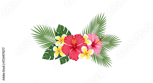 Beautiful tropical floral composition with exotic hibiscus, plumeria flowers and palm leaves