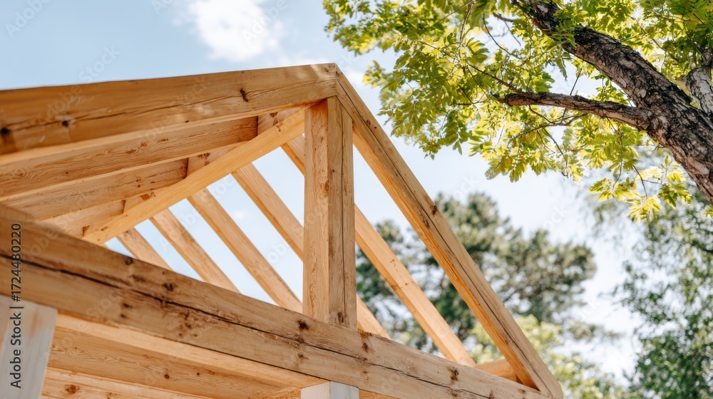 Obraz premium Close-Up View of Wooden Framework . house building, lumber construction, eco housing, real estate development, eco construction, timber engineering concept