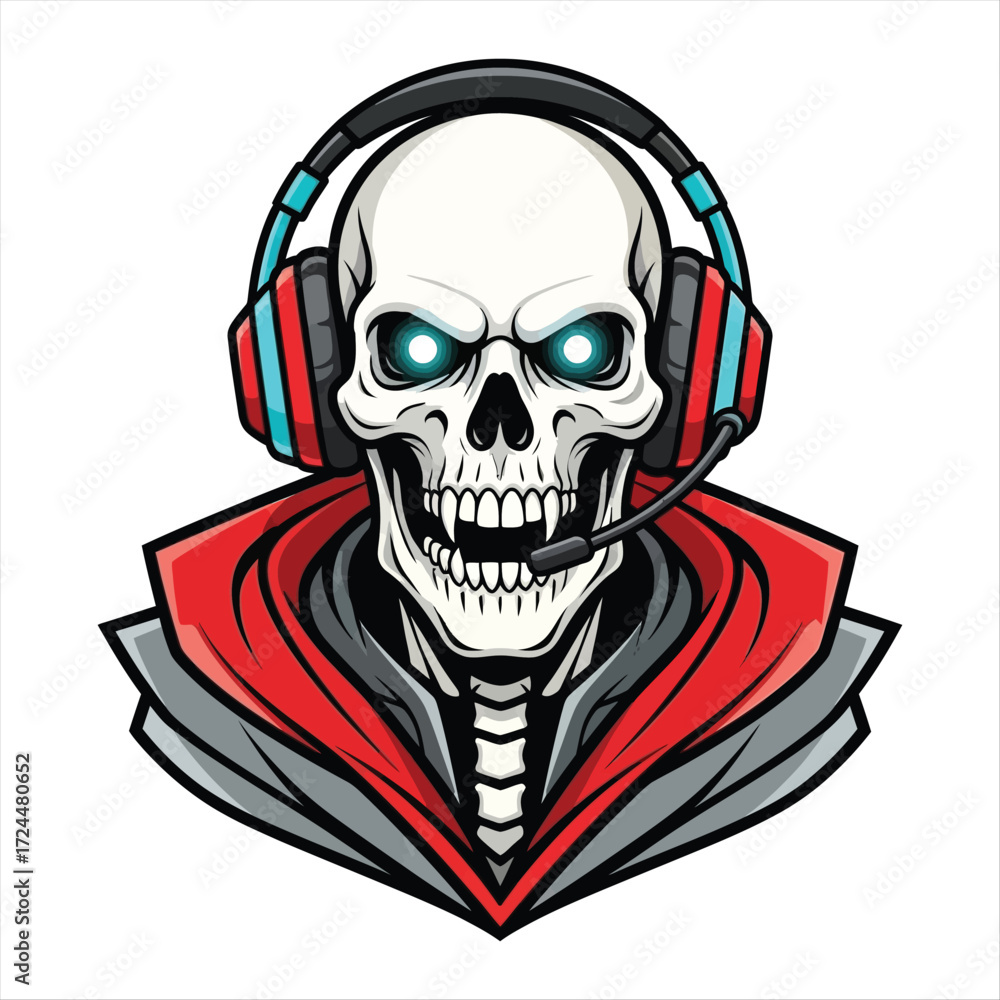 Fototapeta premium Powerful skull character in modern headphones and a distinctive cape, a vibrant vector illustration for gaming, e-sports, or spooky-themed designs
