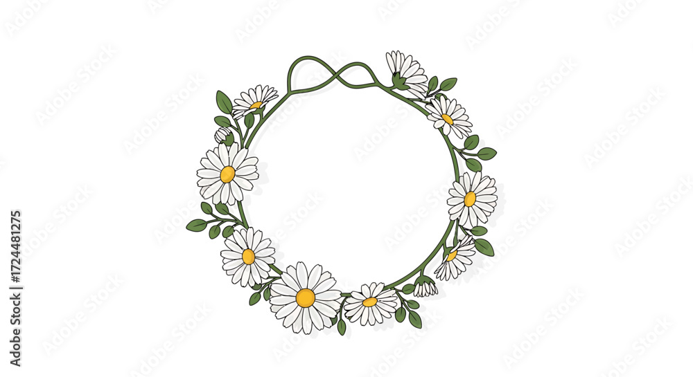 Fototapeta premium Delicate Daisy Flower Crown Circle Border Illustration on White Background