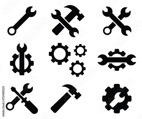 Repair and Service Icons Set – Wrench, Screwdriver, Hammer, Gear and Maintenance Vector Symbols.