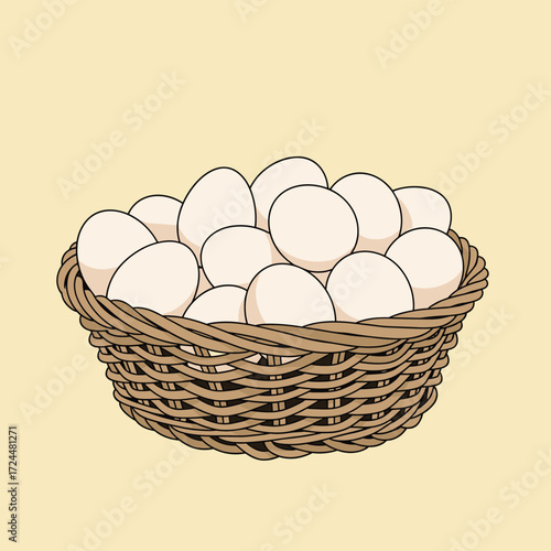 A bountiful basket overflowing with fresh white eggs ready for culinary creations.