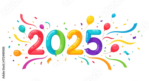 Vibrant 2025 New Year Celebration with Confetti and Balloons, Festive Design Element for Future Events