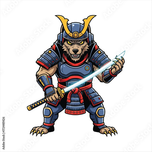 An intimidating anthropomorphic wolf warrior character in traditional Japanese samurai armor, wielding a glowing katana sword