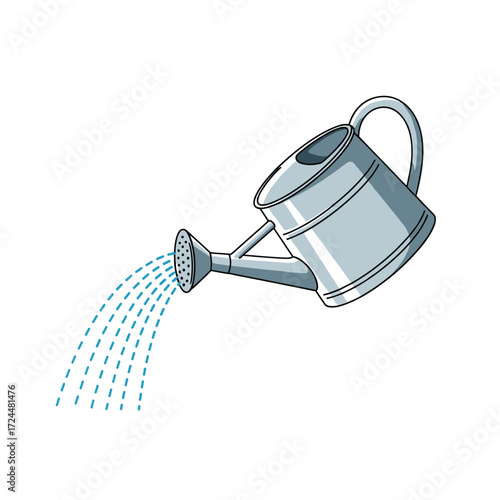 A metallic watering can pours a stream of clear water onto a white background.