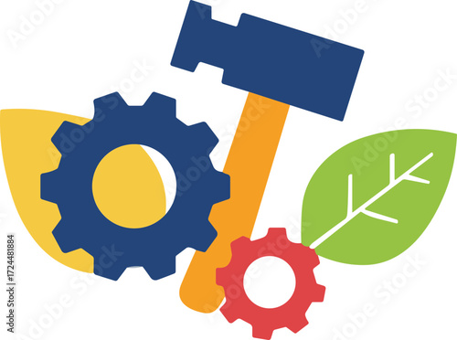 Flat Design Gear and Hammer with Leaf Nature Industry Illustration