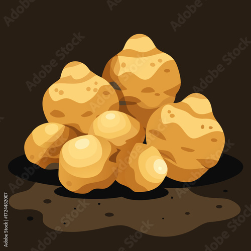 A handful of fresh sunchokes with their knobby, ginger-like shape and pale brown skin, scattered on a dark soil background. Root vegetable, earthy flavor, minimalist composition.