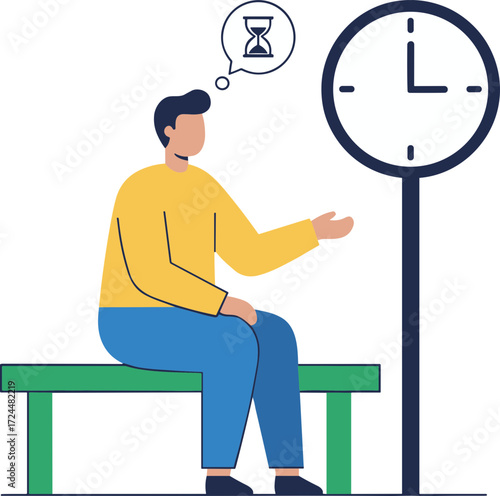 Flat Illustration Man Waiting Time with Hourglass and Clock on Street