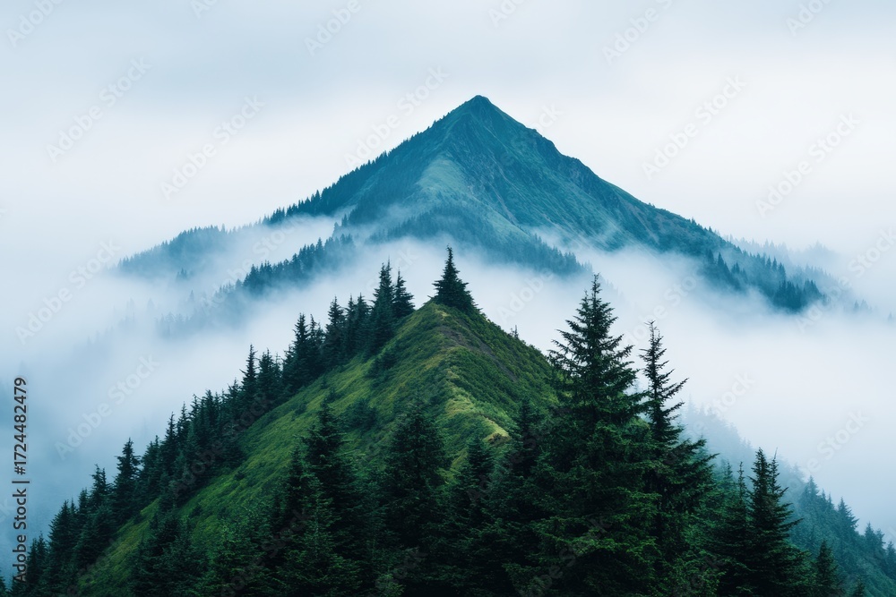 Obraz premium Foggy mountain peaks emerging from a cloud inversion, with steep green slopes covered in dense evergreen forest