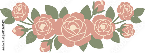 Decorative Flat Color Rose and Leaf Arrangement Floral Illustration