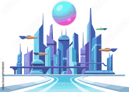 Flat Style Futuristic Cityscape with Planet and Flying Vehicles Illustration