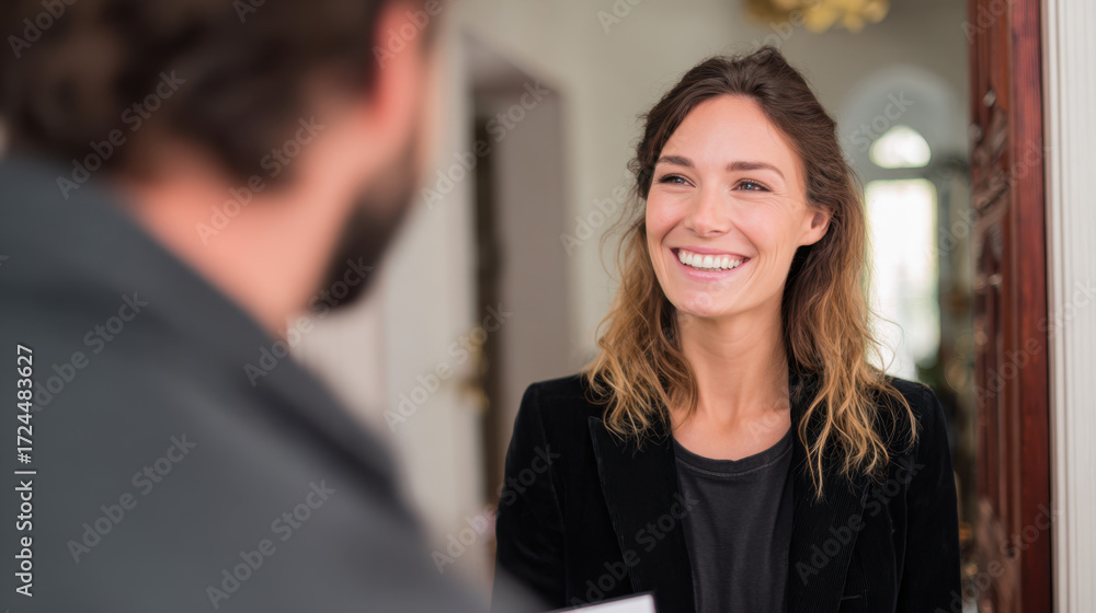 Naklejka premium Smiling woman greeting someone at the door with a warm expression, casual indoor setting, soft lighting enhancing the welcoming atmosphere of the moment.