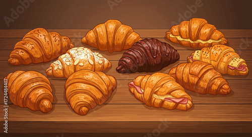 A tempting digital illustration showcasing a diverse selection of freshly baked artisanal croissants, from sweet to savory, arranged invitingly on a bakery counter. 