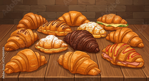 A tempting digital illustration showcasing a diverse selection of freshly baked artisanal croissants, from sweet to savory, arranged invitingly on a bakery counter. 
