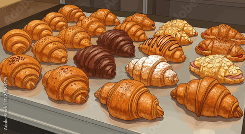 A tempting digital illustration showcasing a diverse selection of freshly baked artisanal croissants, from sweet to savory, arranged invitingly on a bakery counter. 