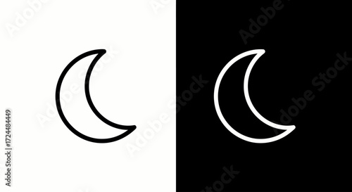Lunar Contrast: A striking juxtaposition of celestial serenity, a minimalist crescent moon outline gracefully embodies the celestial beauty of night on both a white and black canvas.