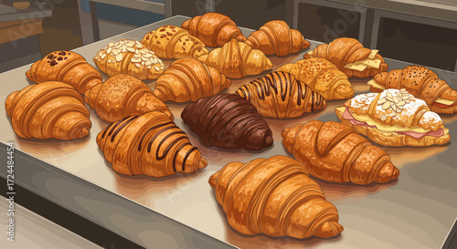 A tempting digital illustration showcasing a diverse selection of freshly baked artisanal croissants, from sweet to savory, arranged invitingly on a bakery counter. 