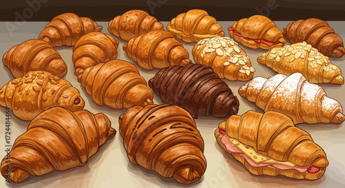 A tempting digital illustration showcasing a diverse selection of freshly baked artisanal croissants, from sweet to savory, arranged invitingly on a bakery counter. 