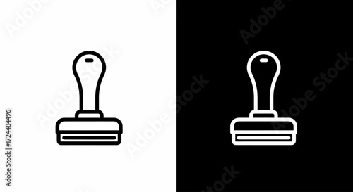 Stamp Icon Illustration: A minimalist illustration of a stamp, depicted in bold black and white lines. The stark contrast and simple design highlight the essential form and function.