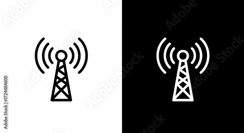 Antenna Icon in Contrasting Panels: A digitally crafted icon of a communications antenna on contrasting black and white panels, perfect for design elements and conveying connectivity.