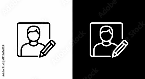 Profile Edit Icon: Minimalist icon showcasing a person with a pencil, perfect for digital interface design, emphasizing profile editing and user customization.