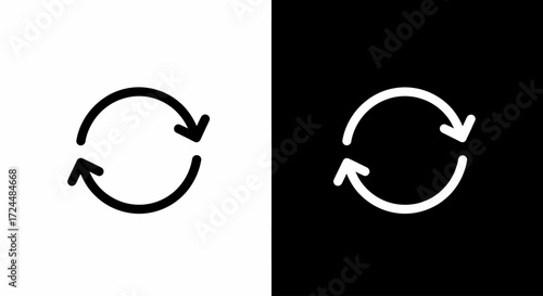 Circulation Symbol on Black and White Background: Two circular arrows, one black and one white, symbolize continuous repetition and process on a complementary color block.