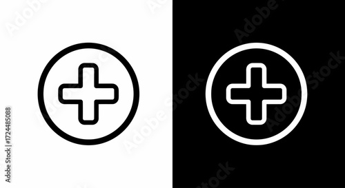 Iconic Plus Sign: A versatile black and white image displaying a plus sign within a circle. The image is designed to be clean, simple, and universally recognizable.
