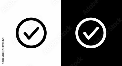 Checkmark Duo: A minimalist pair of checkmark icons, one on a stark black backdrop, and one on a contrasting monochrome canvas, symbolizing affirmation and validation.