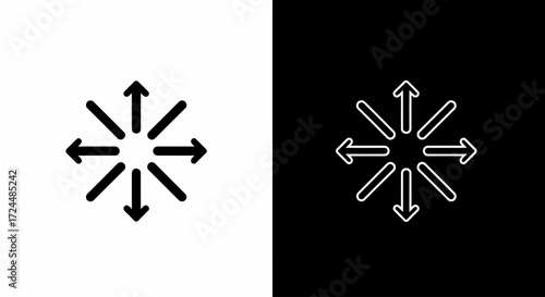 Abstract expansion icon: Two versions of an abstract expansion icon. One on a black backdrop and the other on a white background. This vector design symbolizes growth, and strategic expansion.