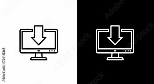Downloading Concept: A minimalist representation of the download process. An arrow points downwards onto a computer screen, a simple and recognizable symbol of data transfer.