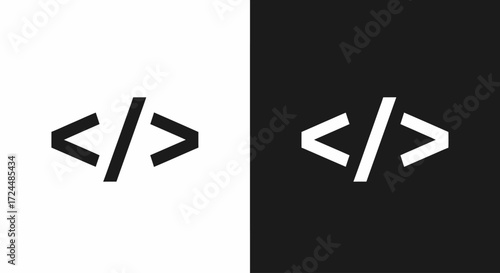 Coding icon illustration: A minimalistic and professional illustration, featuring two distinct versions: a symbol of code, in both positive and negative spaces.