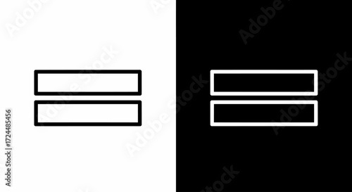 Equality Icon: A minimalist icon featuring two horizontal bars signifying equality, elegantly presented against both black and white backgrounds, symbolizing balance and fairness.