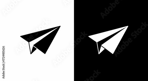 Paper Airplane Icon on Monochrome: Two contrasting depictions of a paper airplane icon in monochrome, symbolizing concepts like flight, travel, and communication, offering a versatile visual metaphor.