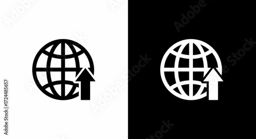 Global Connectivity Icon: A stark, minimalist icon portrays the interconnectedness of our world, the globe and an upward-pointing arrow.