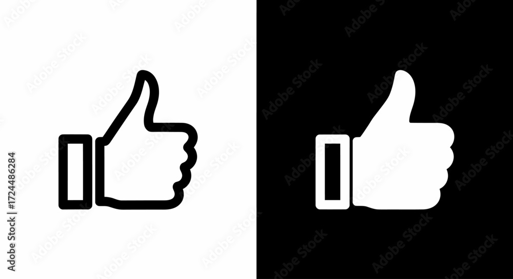 Obraz premium Thumb up icon set: A simple thumbs-up symbol in both black and white against contrasting backgrounds, embodying the idea of approval and agreement.