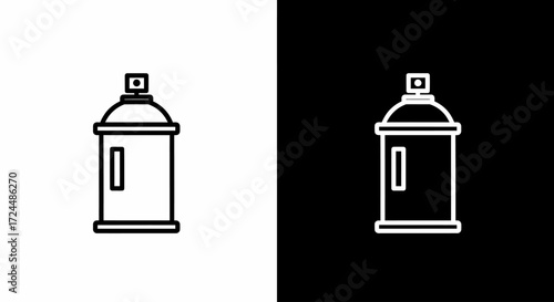 Spray Can Icon on contrasting backgrounds: A symmetrical artistic line drawing of an aerosol spray paint can, presented in two versions, each set against an opposing background of black and white.