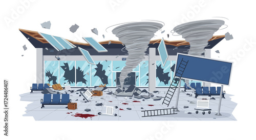 Destructive Tornadoes Ravage Airport Terminal Causing Extensive Damage and Chaos.