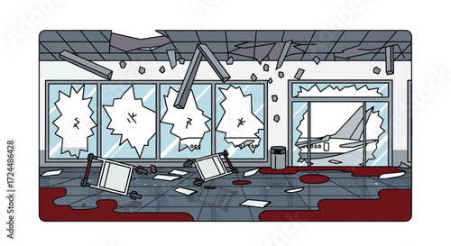 Devastated Airport Terminal with Shattered Windows and Damaged Luggage Carts.