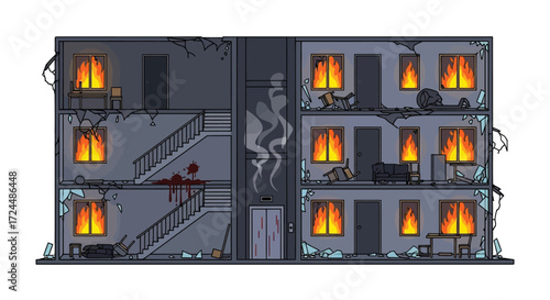A TwoStory Building Engulfed in Flames Depicting Interior Damage.